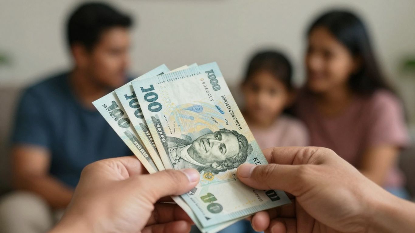Hand holding money with family silhouette in background.