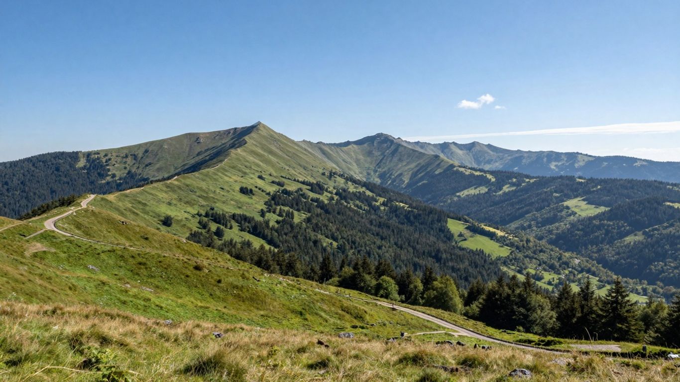 Góry Izerskie z zielonymi wzgórzami i lasami.