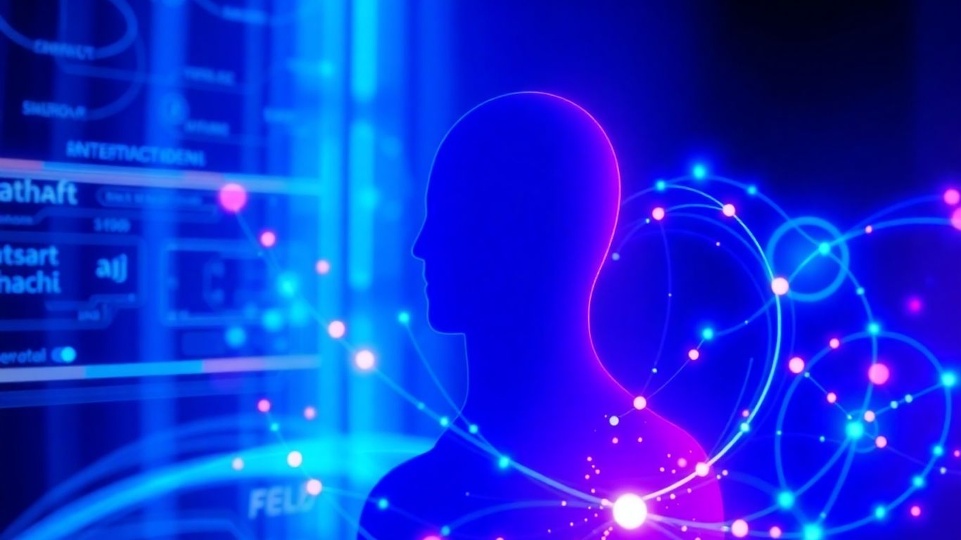 AI chatbot interface with glowing digital patterns and human silhouette.