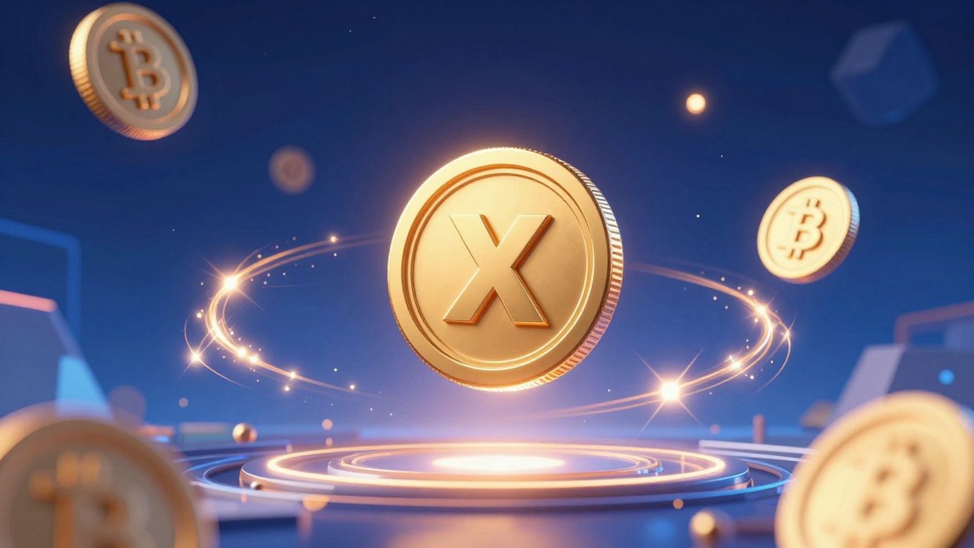 Glowing cryptocurrency icons and a golden coin ascend.