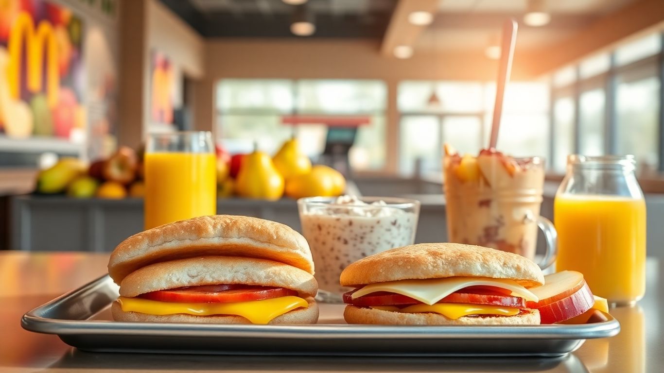 Healthy McDonalds breakfast items on a tray in morning light.