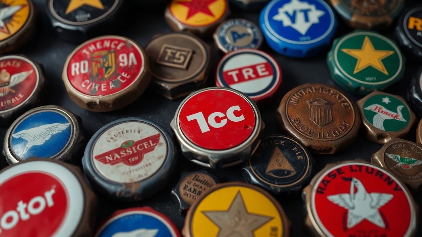 Collection of vintage tire caps with logos.