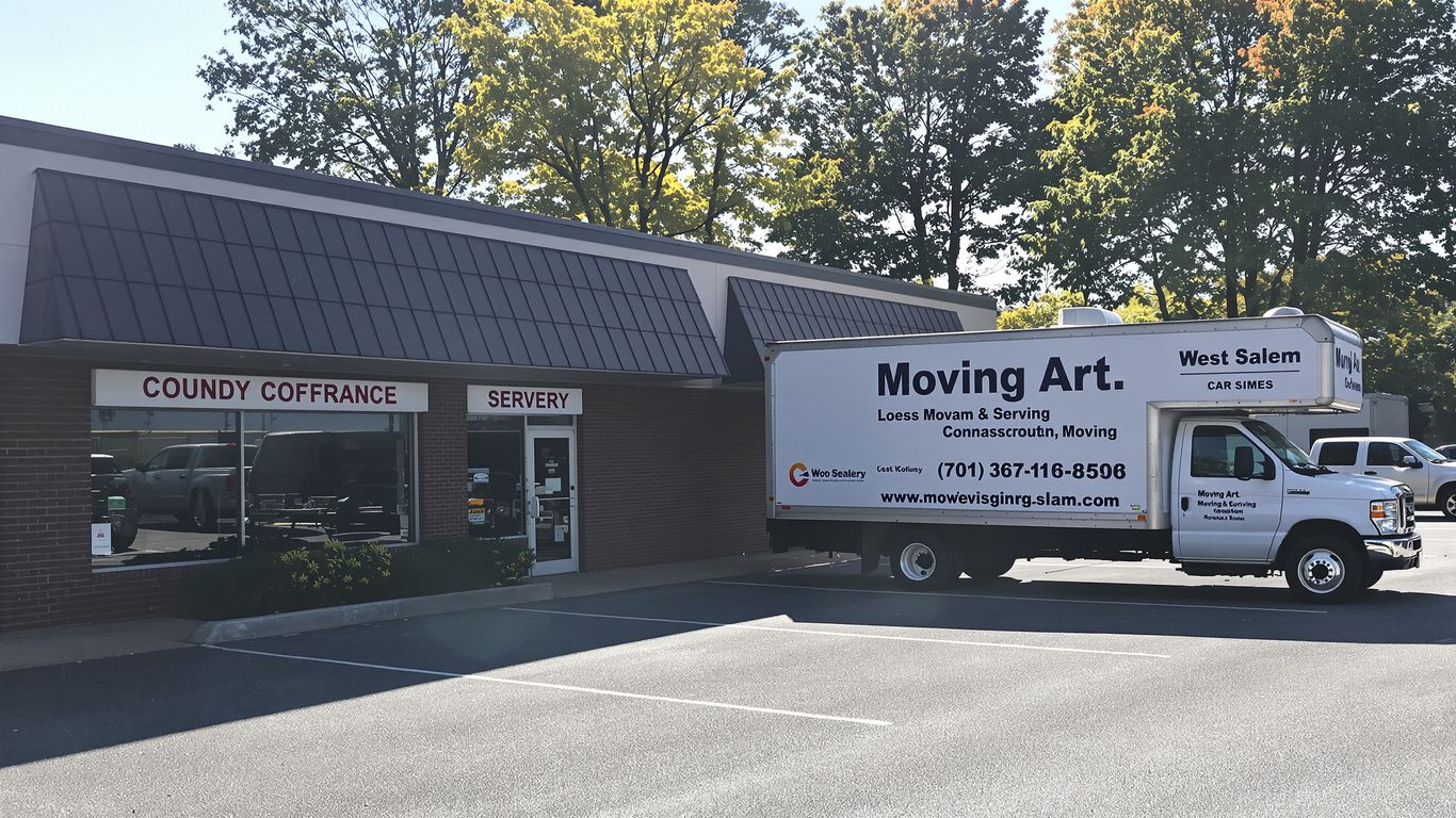 Moving truck outside West Salem commercial building on a sunny day.