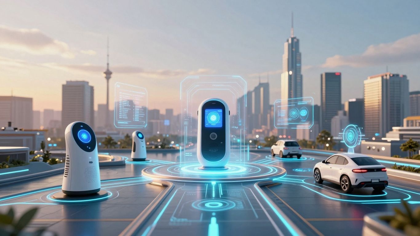 Ville futuriste avec des appareils IA connectés