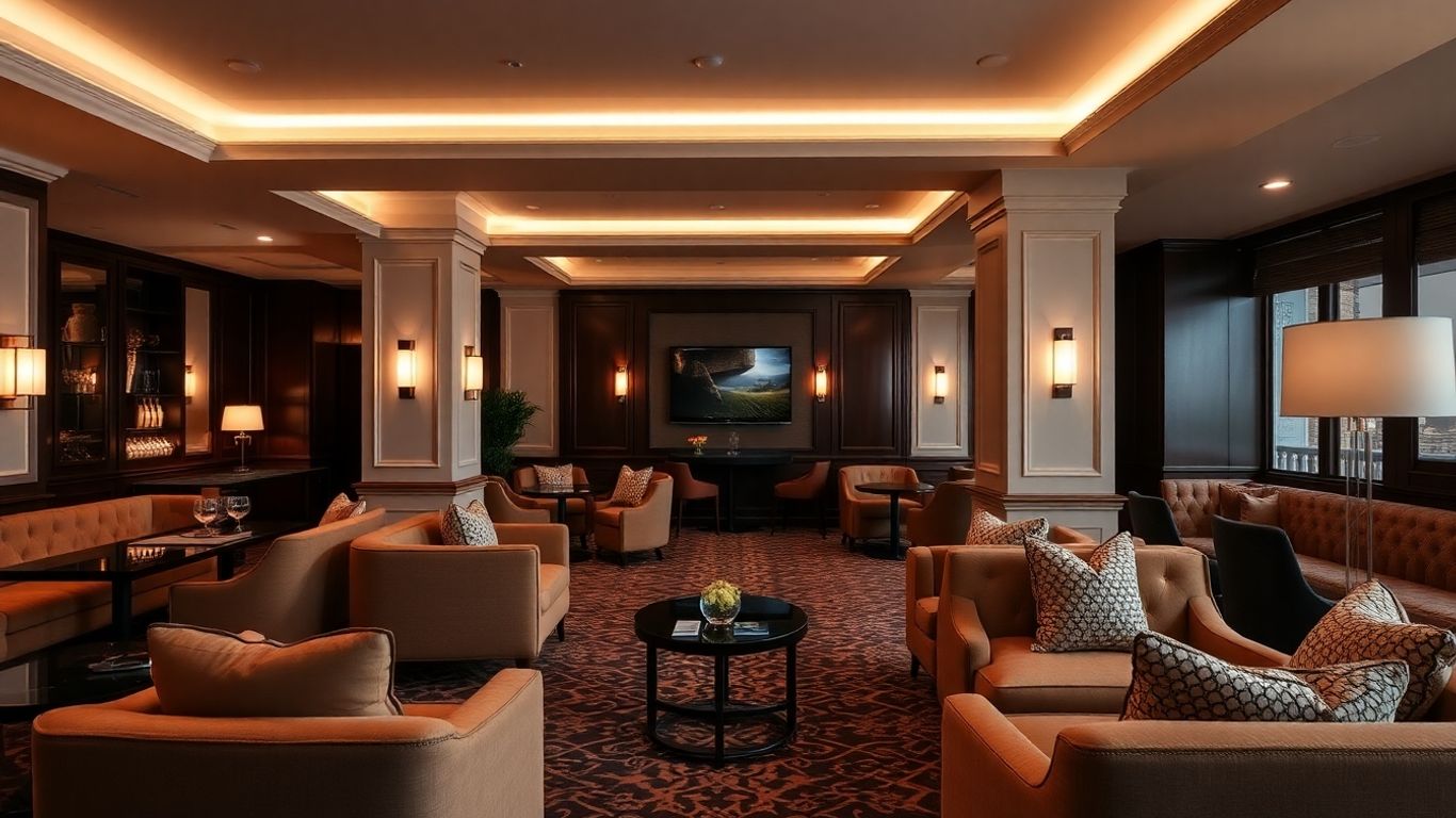 Luxurious private club interior with elegant seating and lighting.