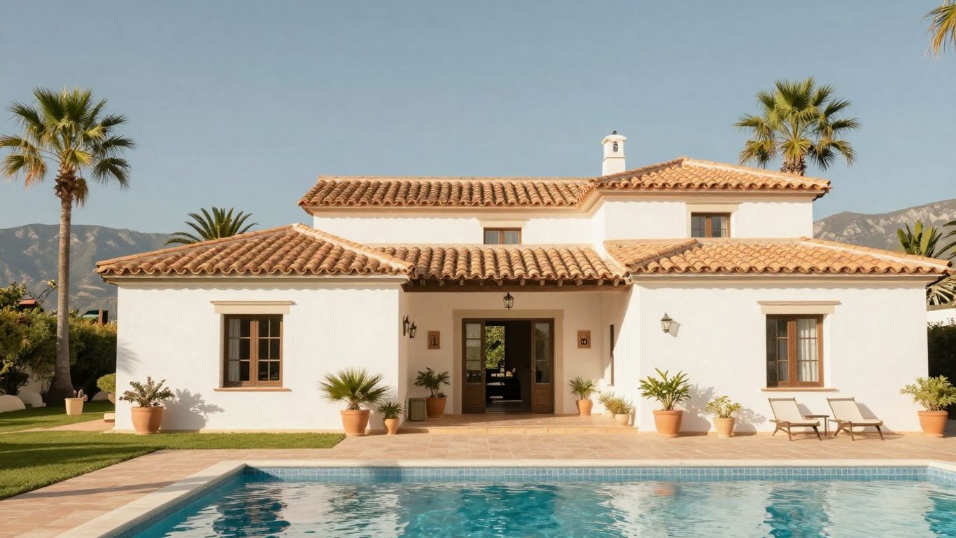 Betaalbare Spaanse villa met zwembad en palmbomen.