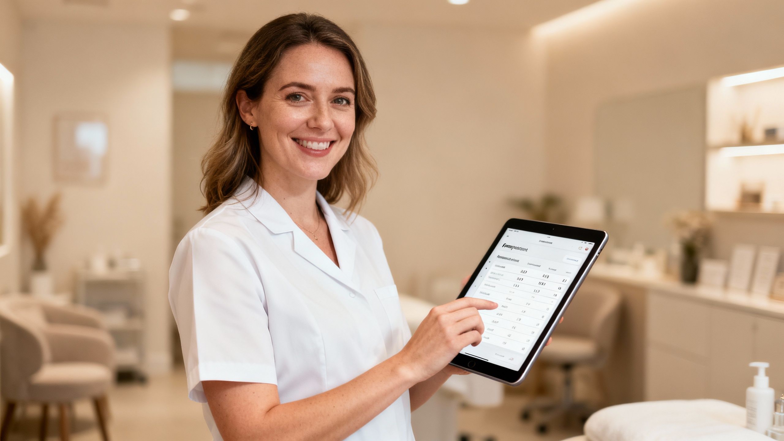 Clinic owner using a tablet in a modern clinic setting.
