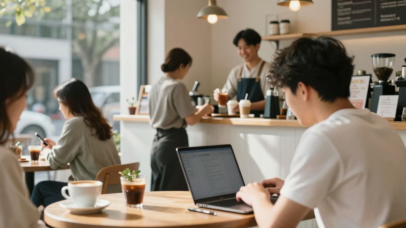 Café interior with customers and a barista.
