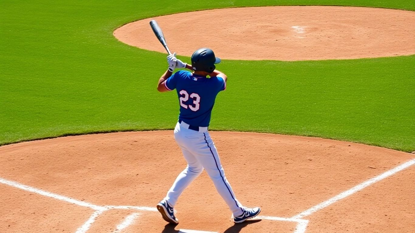 Baseball player swinging bat on field