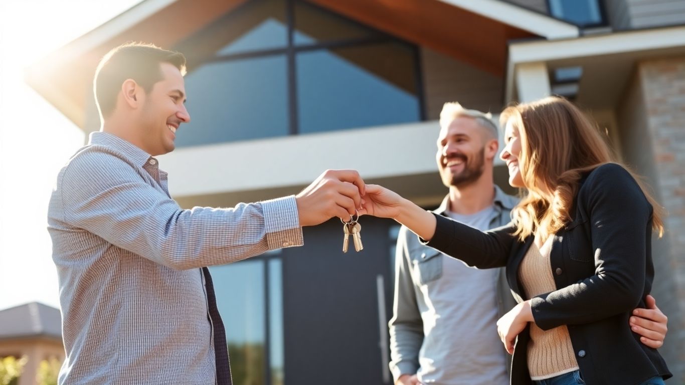 Chei oferite unui cuplu fericit în fața unei case noi.