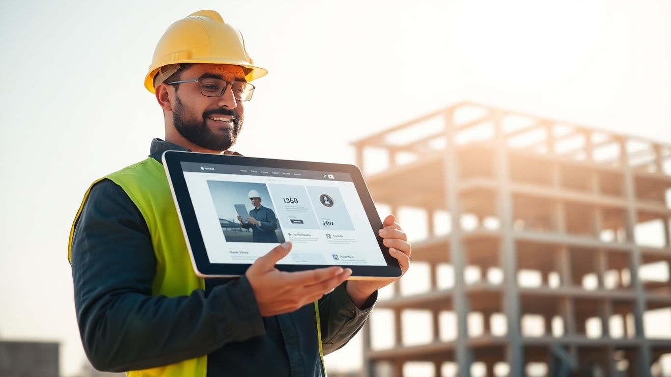 Contractor using a tablet on a construction site.