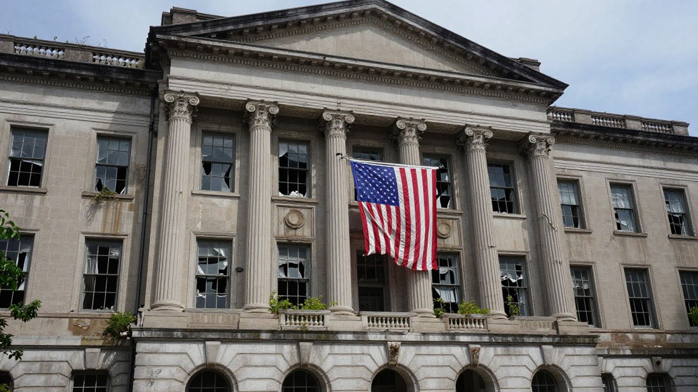Crumbling university building with a tattered American flag.