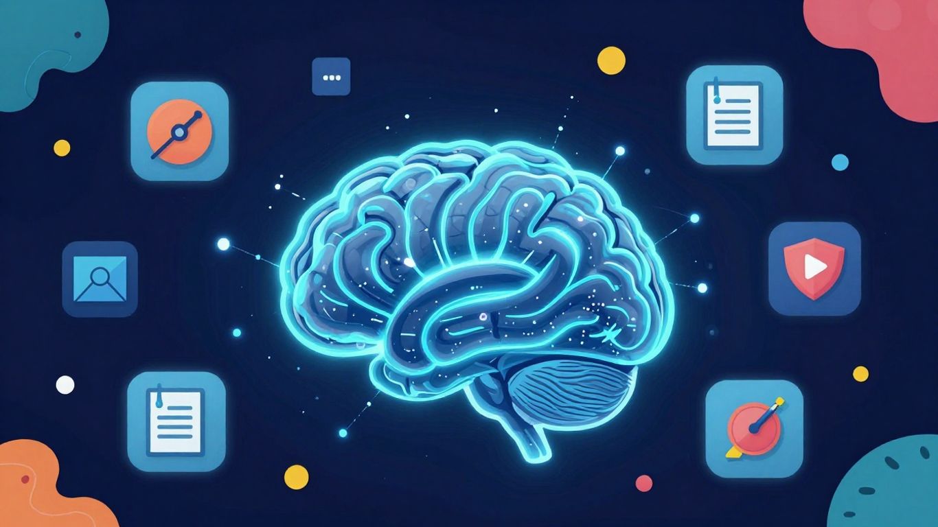 AI transforming education and entertainment with glowing digital brain.