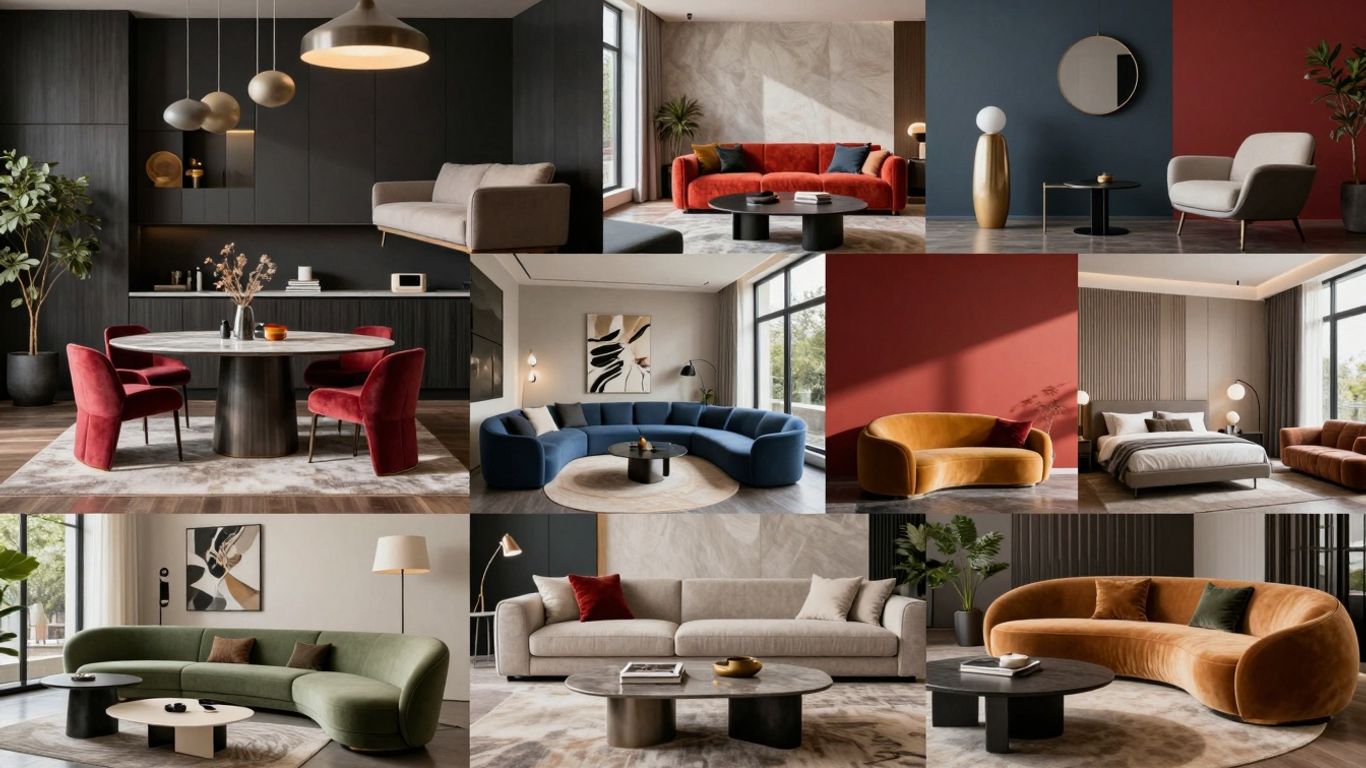 Modern interior design spaces with sleek furniture and bold colors.