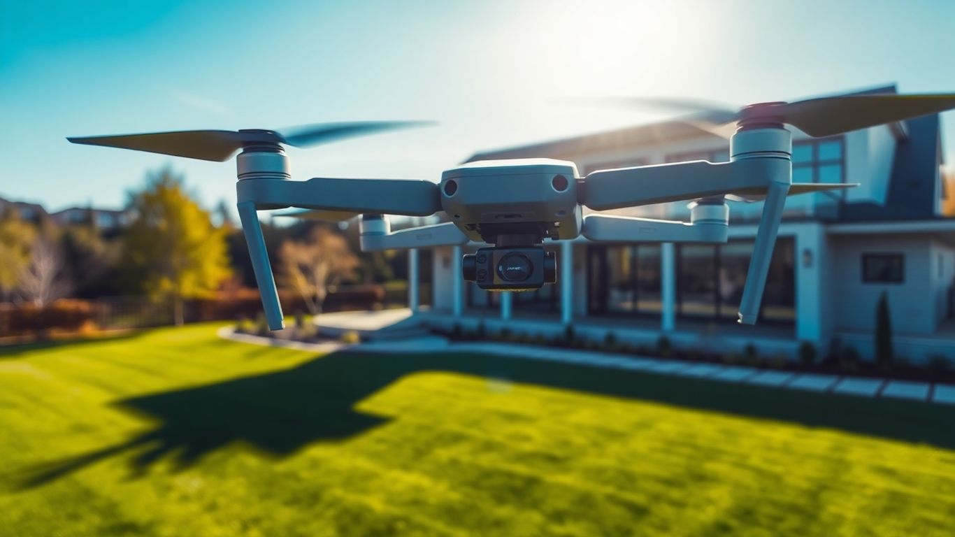 Drone flying near a modern house, aerial view.