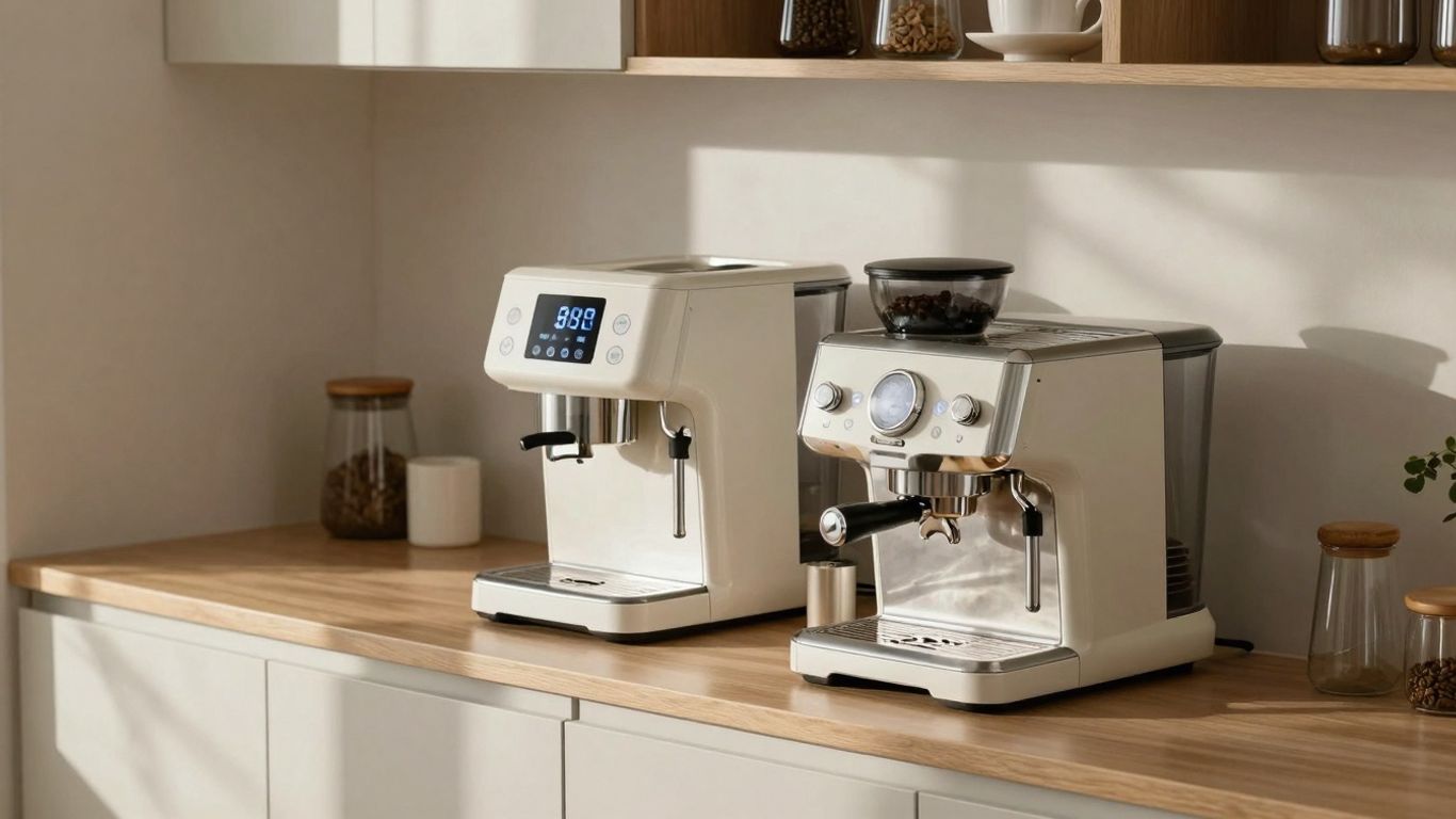 Digital coffee maker and compact espresso machine on kitchen counter.