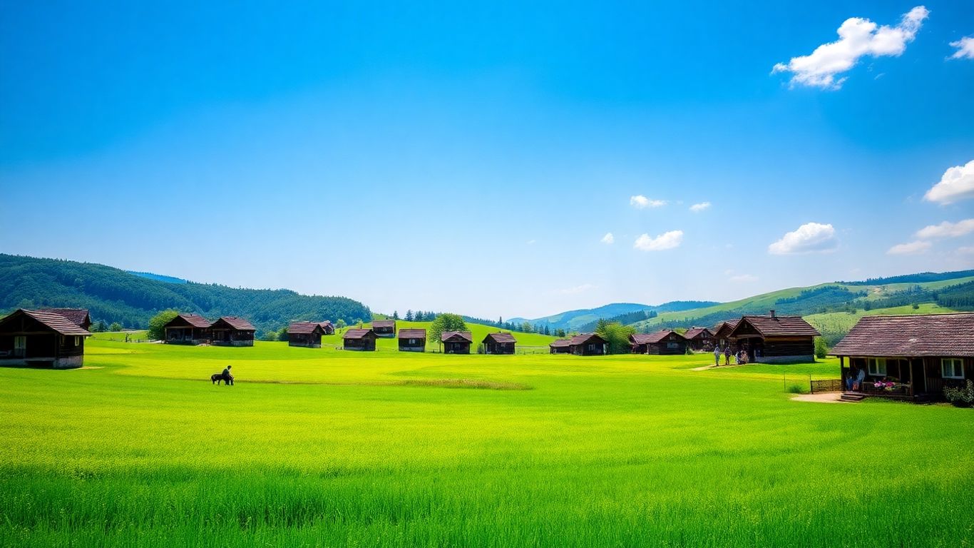 Sat românesc tradițional cu oameni și natură.