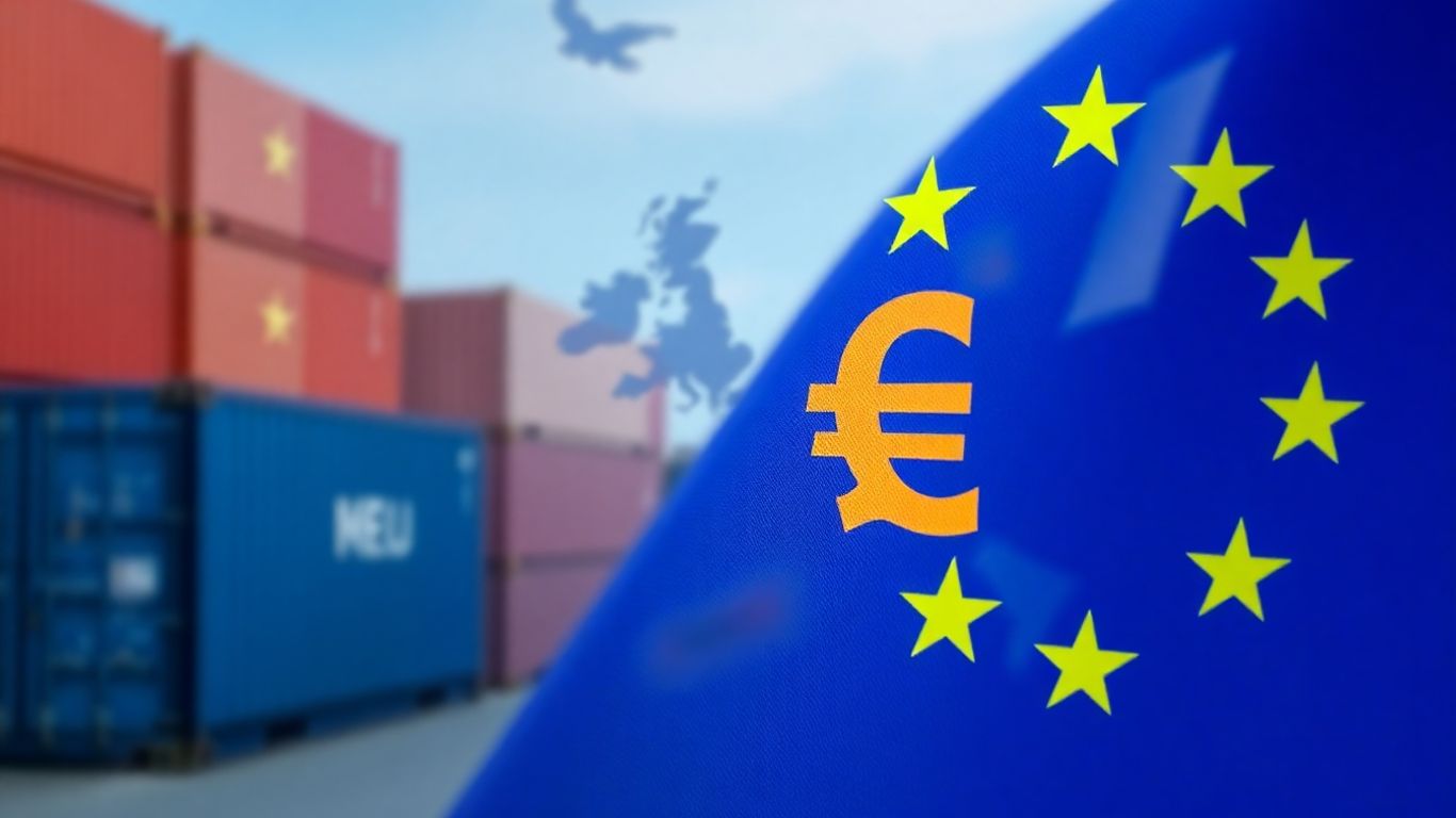 Bandeira da União Europeia com símbolos de moeda e mapa.