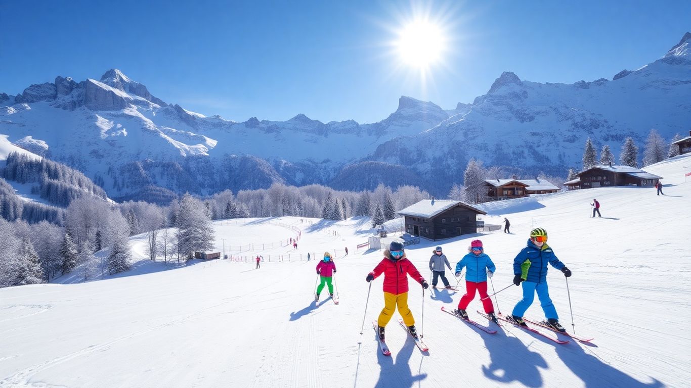 Sciatori principianti sulle piste di Cortina D’Ampezzo con le Dolomiti.
