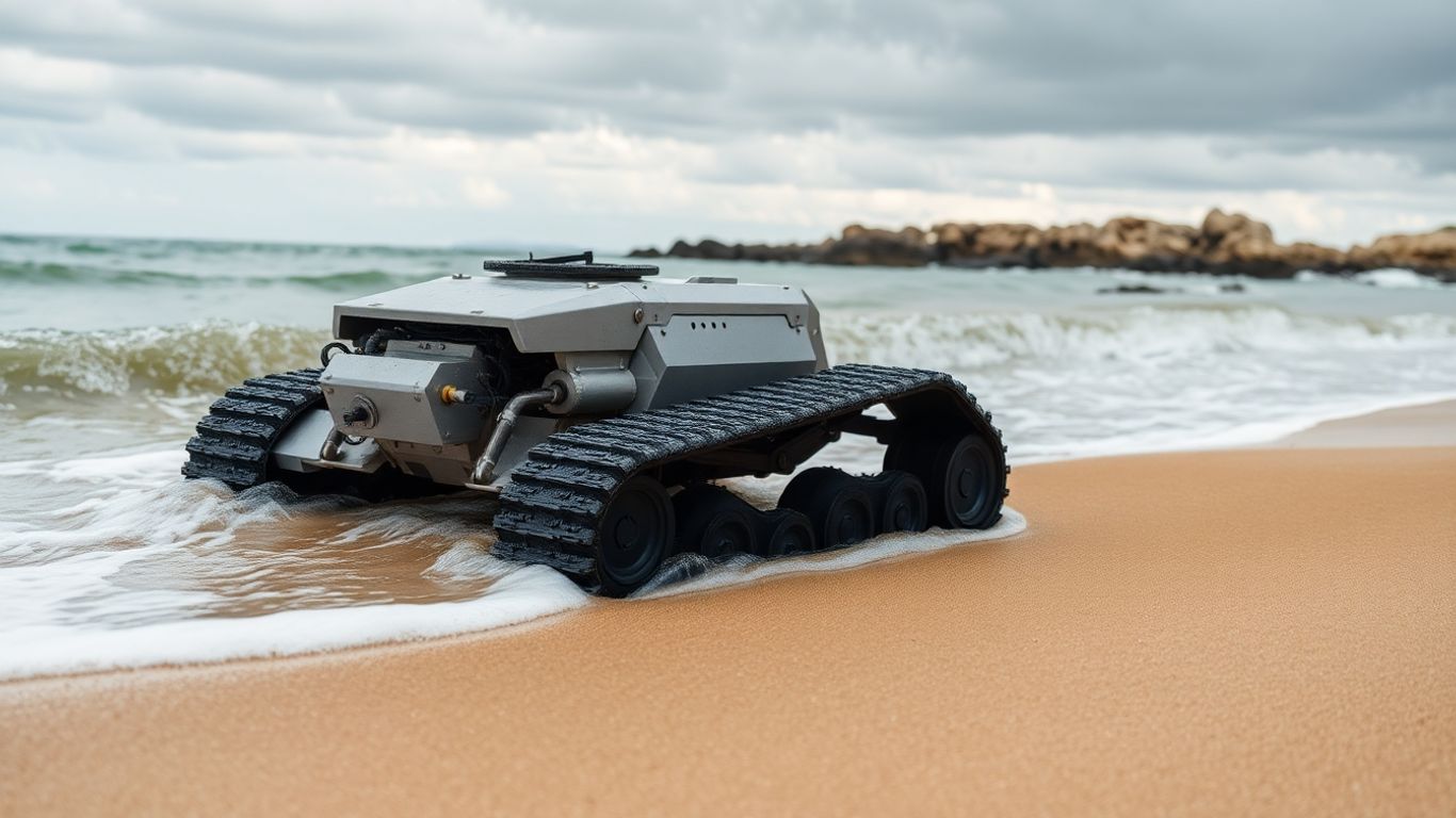 Robot on a beach after ocean drop.