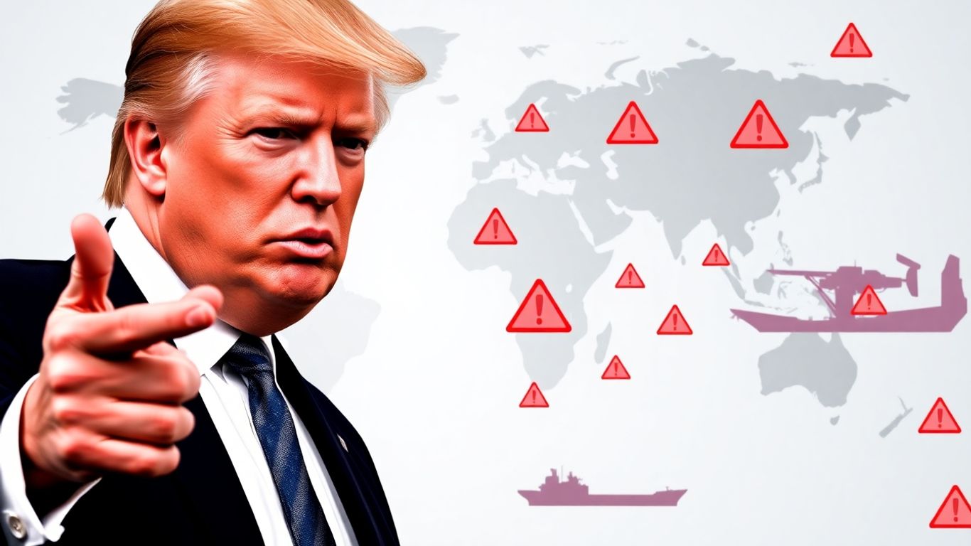 Trump points at world map with trade route warnings.