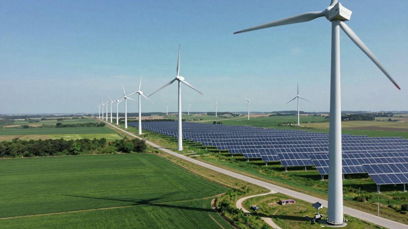 Turbine eoliene și panouri solare pe un câmp verde.