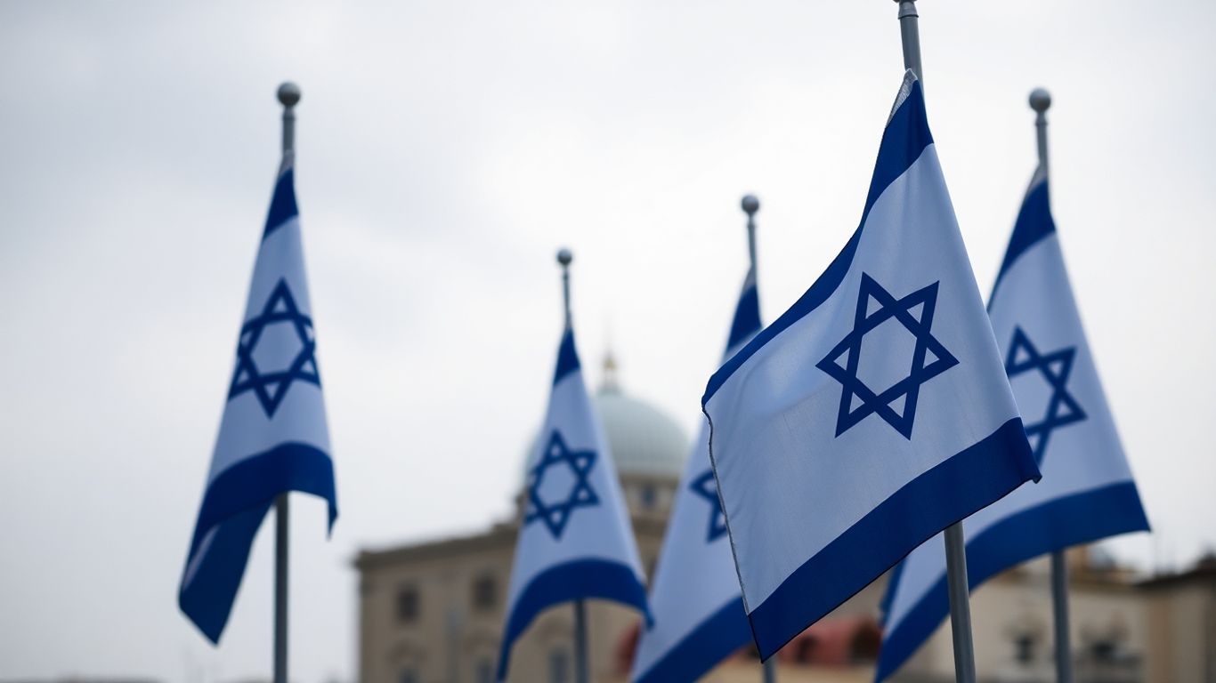 Drapeaux israéliens en deuil, contexte de conflit.