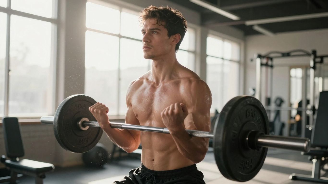 Person working out intensely in a sunlit gym.