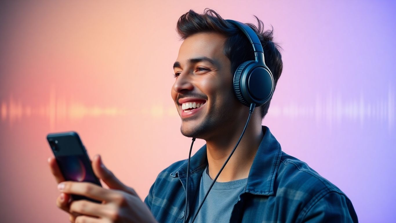 Persona escuchando un podcast con auriculares y smartphone.