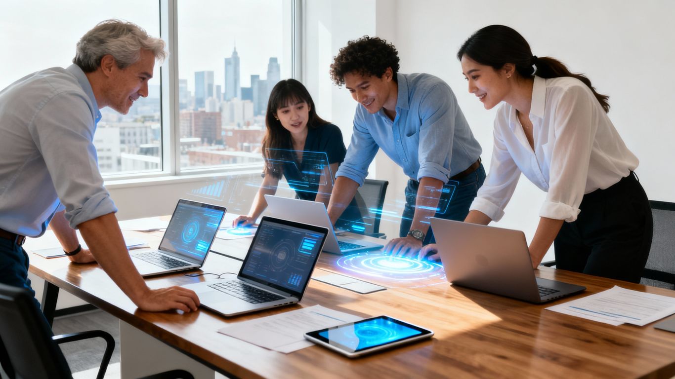 Business professionals working together with technology.
