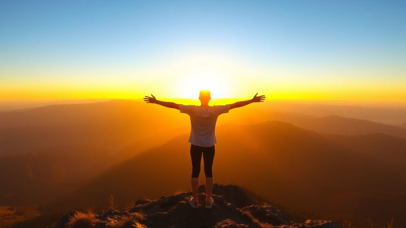 Person achieving confidence on a mountaintop at sunrise.