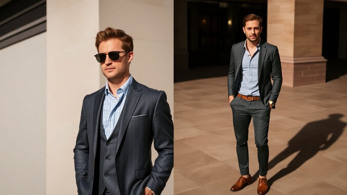 Man's stylish transition from formal to casual attire.