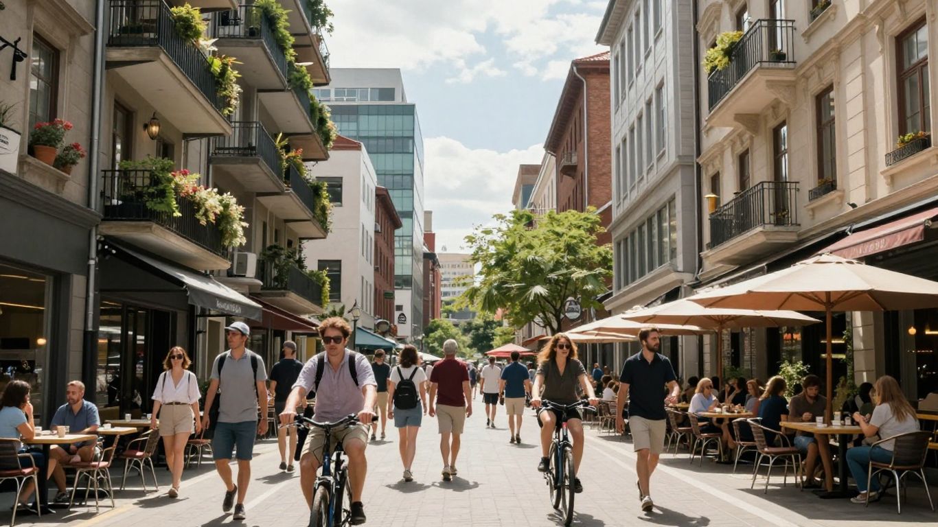 Urban street with people, cafes, and green architecture.