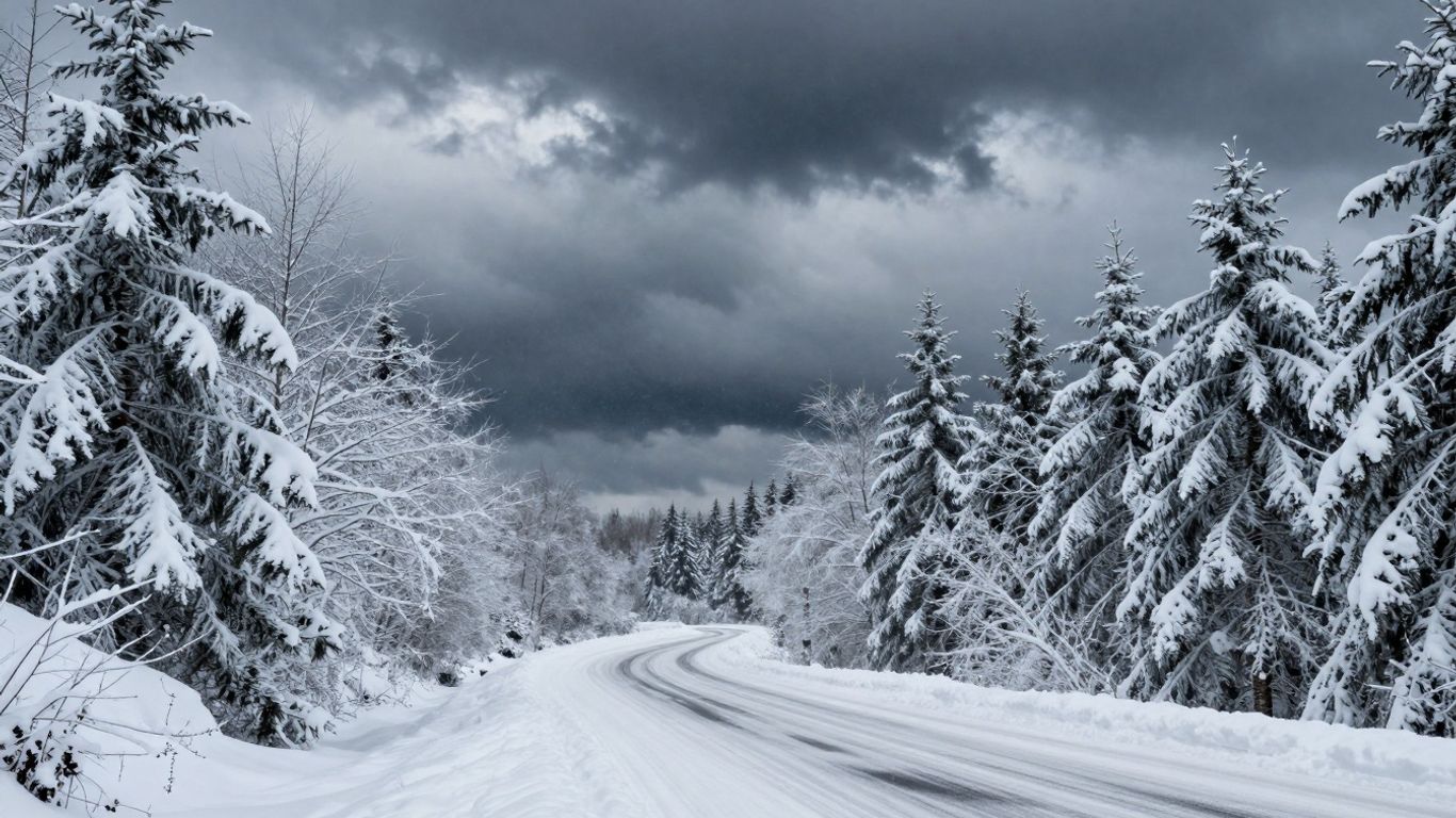 Schneebedeckte Landschaft mit dunklen Wolken und Sturmwarnung.