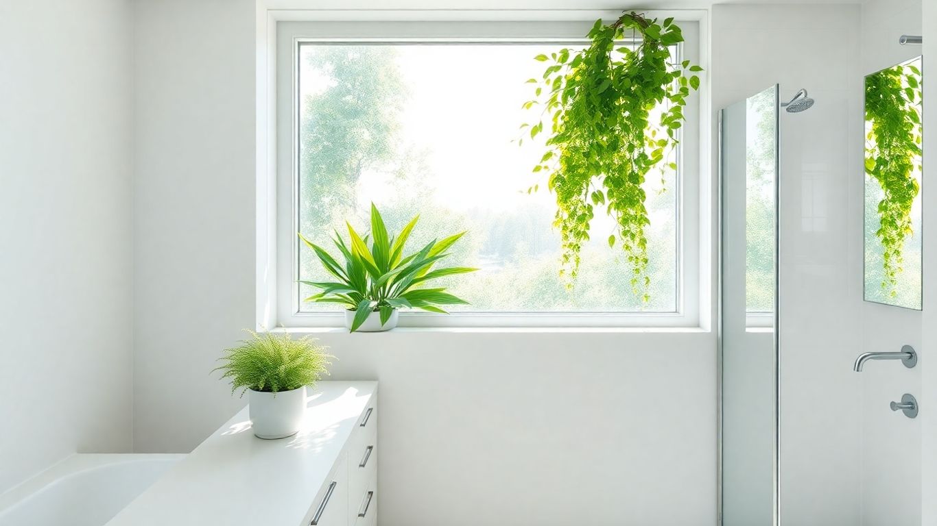 Bright bathroom with plants and natural light.