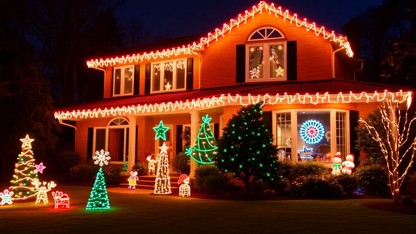Professionally installed Christmas lights on a house.