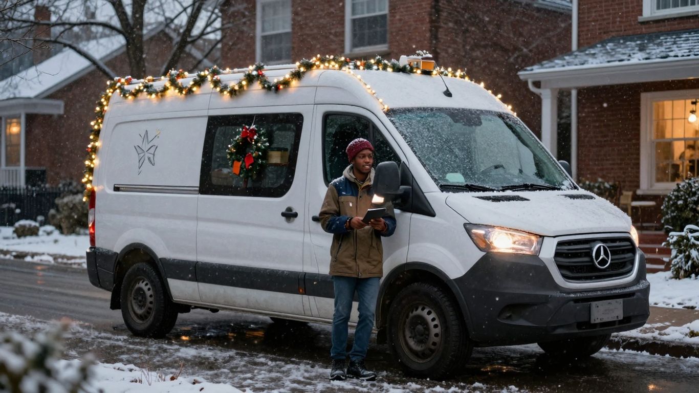 Contractor van decorated for the holidays with lights.