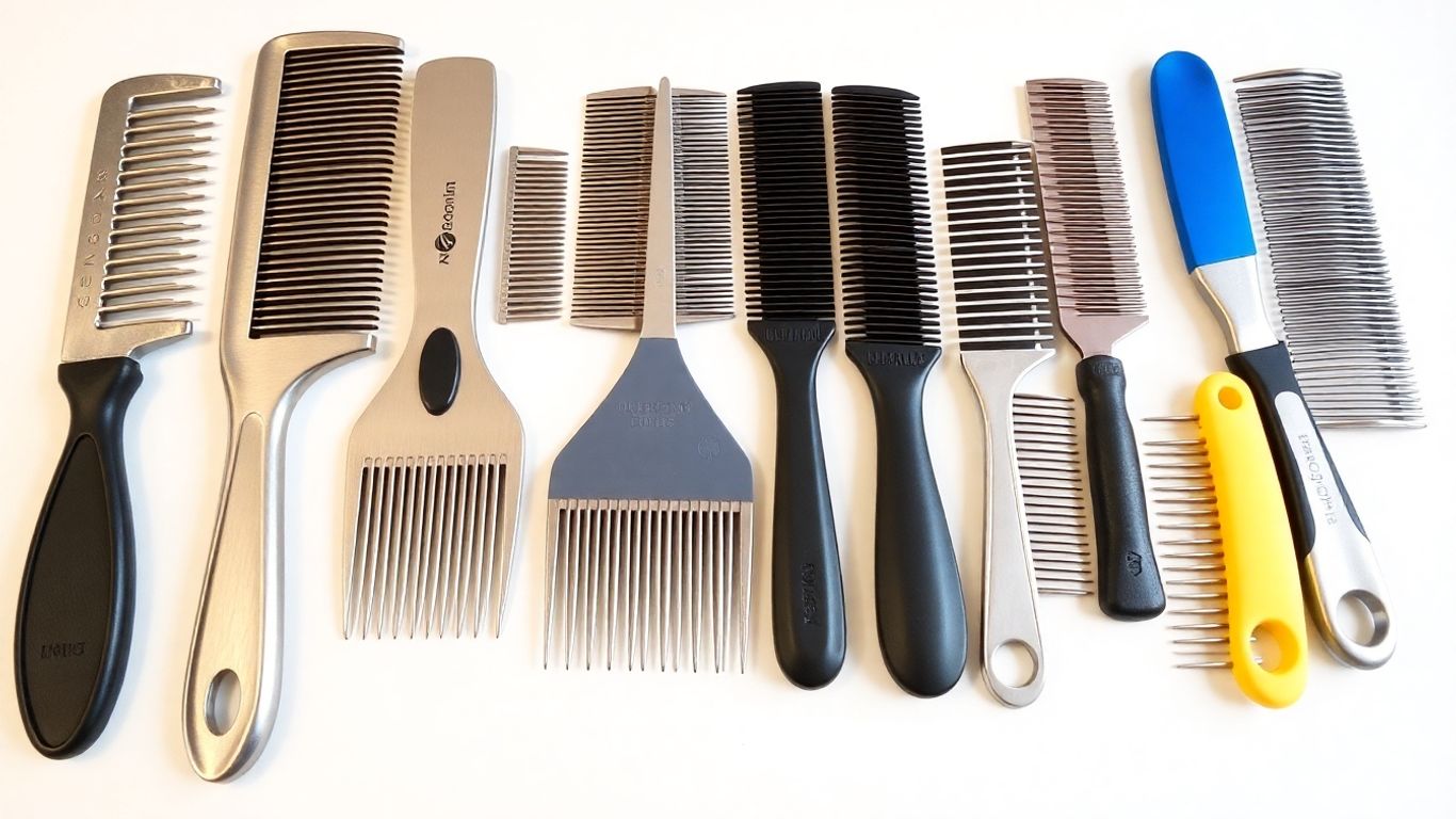 Pet grooming comb set for different coat types.