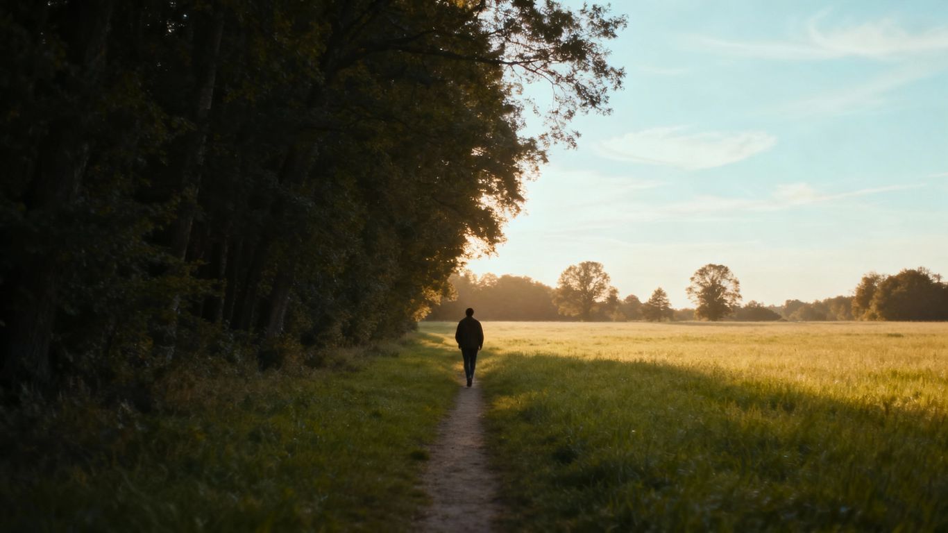 Figure walking from forest to sunlit meadow.