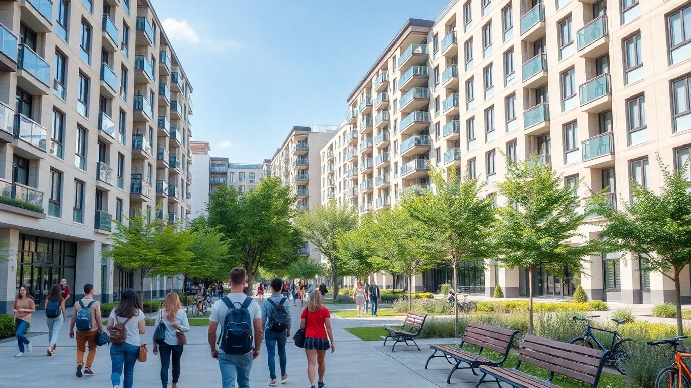 Clădiri moderne pentru studenți și tineri pe campus universitar
