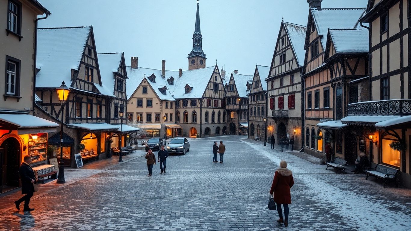Snowy Eastern European town square with historic buildings.