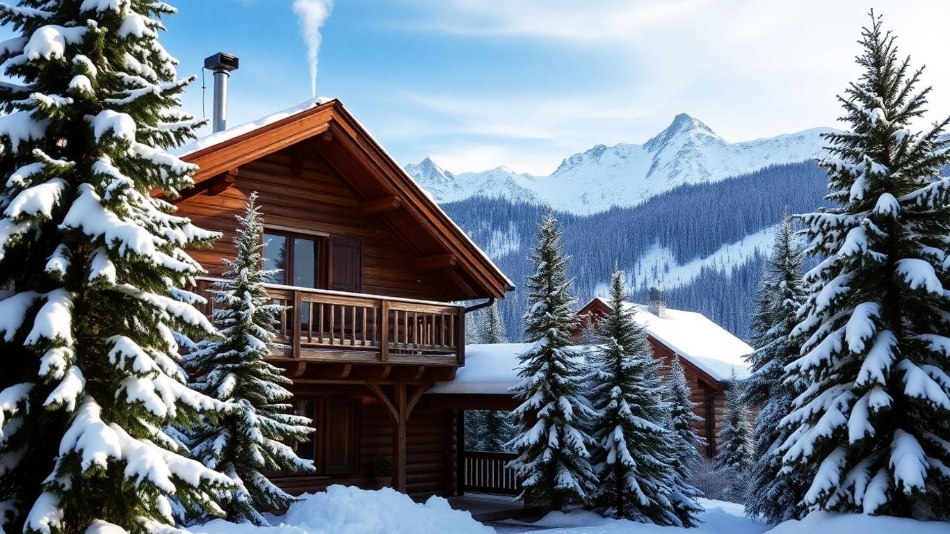 Chalet en bois dans les montagnes enneigées