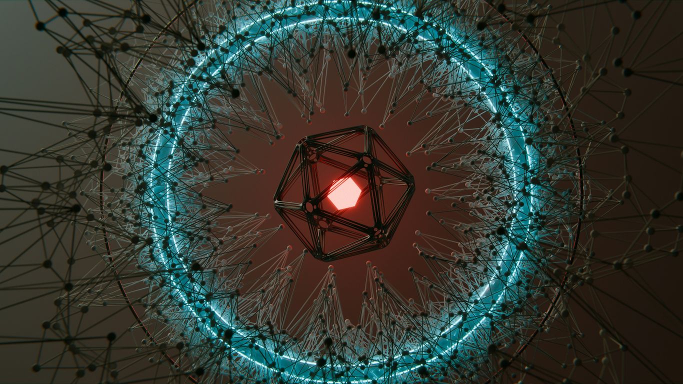 Abstract geometric shape with glowing red center and blue ring