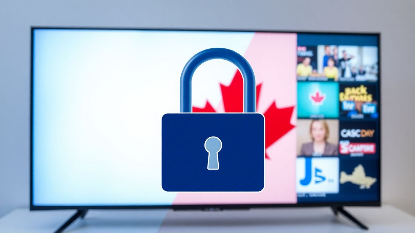 Canadian flag and TV screen with padlock icon.IPTV Provider Canada 2026