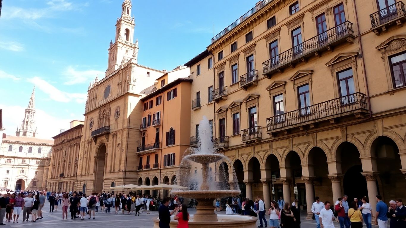 Edifícios ornamentados de arenito e uma praça movimentada em Salamanca.