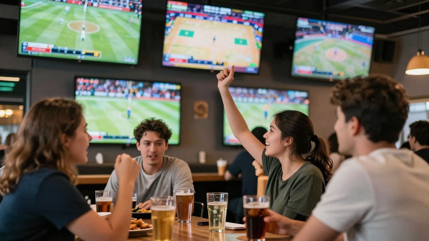 Sports bar interior with screens and cheering patrons
