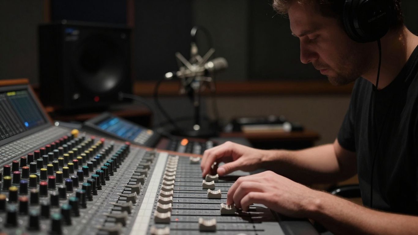 Producer mixing trap vocals over instrumentals in a studio.