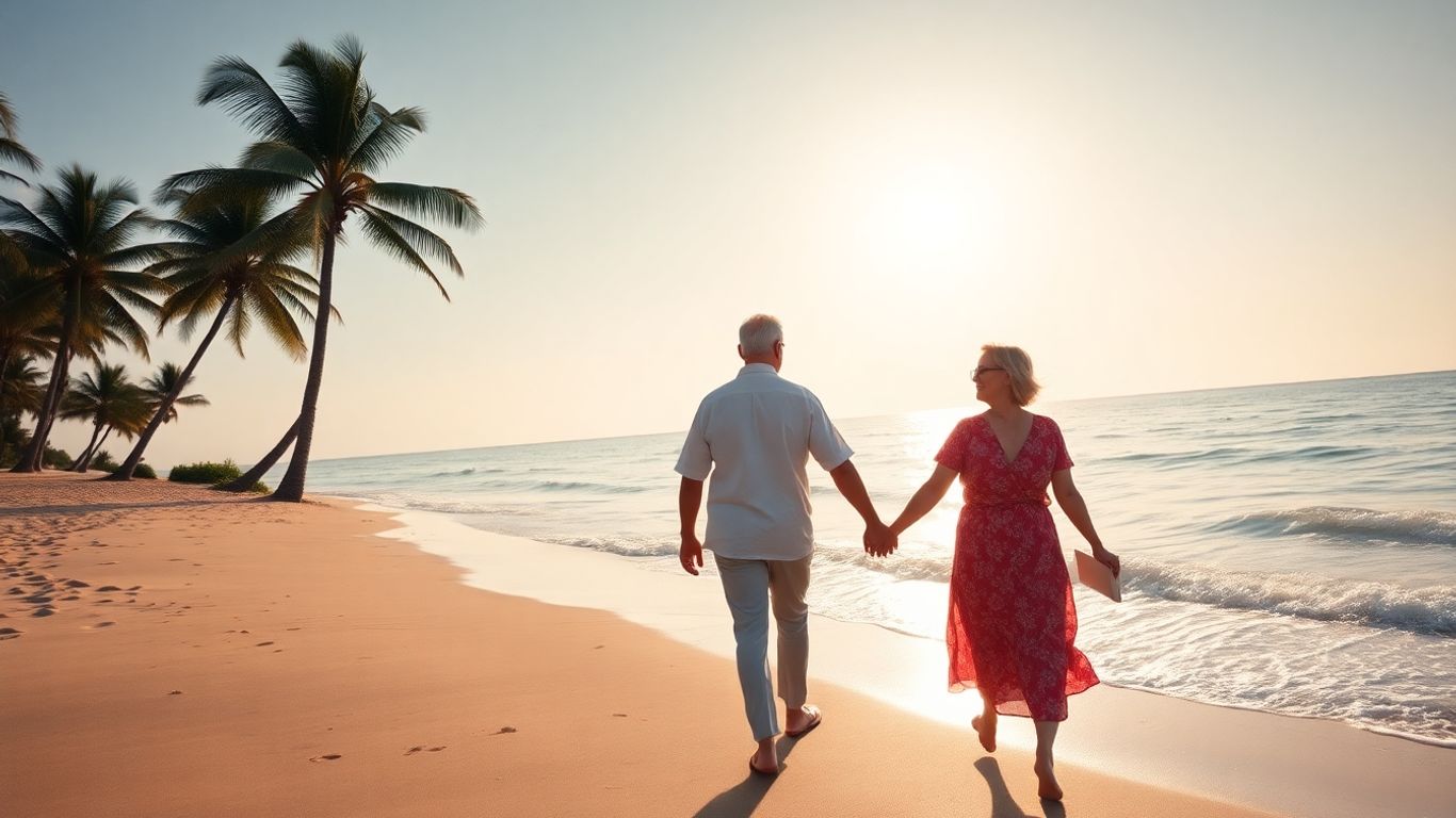 Couple enjoying a peaceful retirement on a sunny beach.