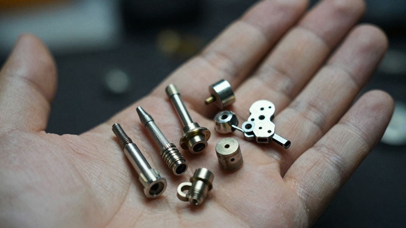 Hand holding various mechanical spare parts.