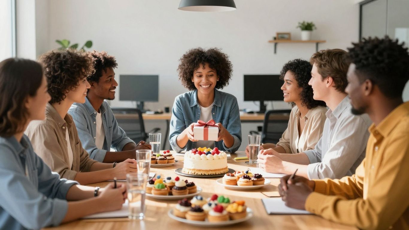 Vrolijke collega's vieren een afscheid met gebak en een cadeau.
